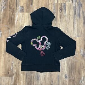 VTG Y2K 2000s Black Disneyland Patchwork Peace Disney Full Zip Hippie Hoodie